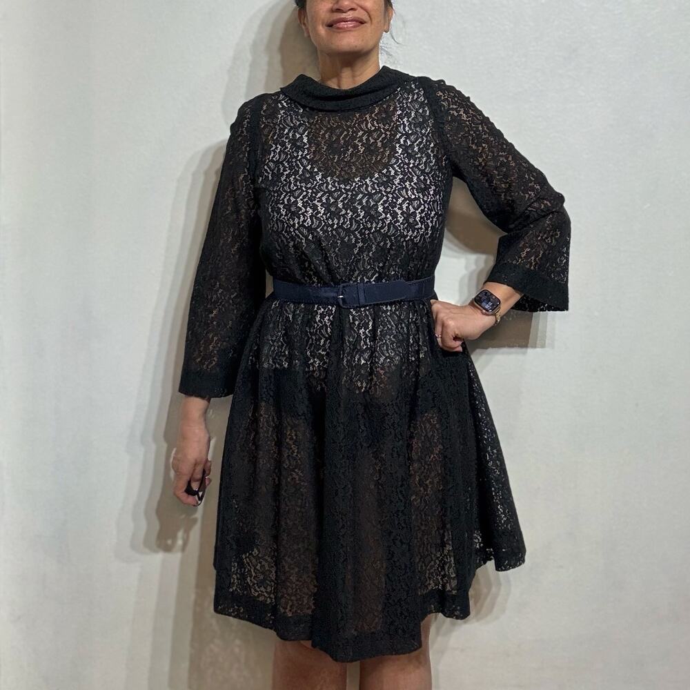 Navy Sheer Lace Vintage Peter Pan Collar Midi Shift Dress Sz M